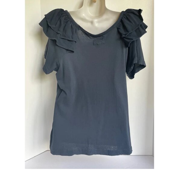 Current/Elliott Blue Double Ruffle Cotton Scoop Neck Tee Shirt Womens Large - Picture 4 of 7